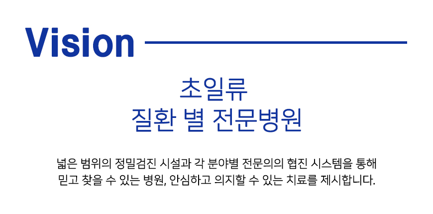 Vision 초일류 질환 별 전문병원 넓은 범위의 정밀검진 시설과 각 분야별 전문의의 협진 시스템을 통해 믿고 찾을 수 있는 병원, 안심하고 의지할 수 있는 치료를 제시합니다. 